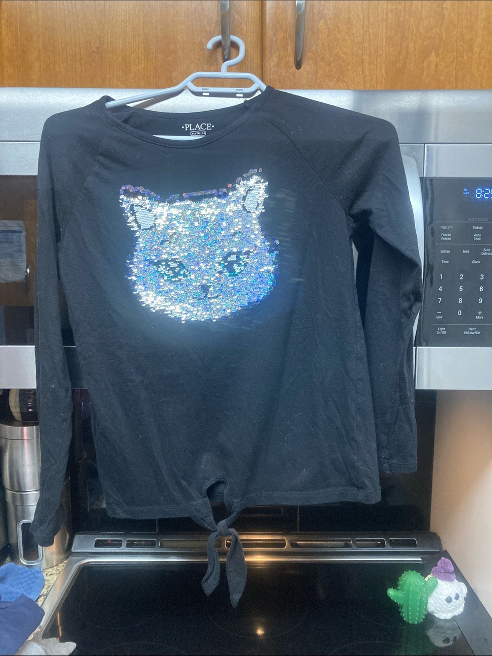 The Children's Place Black Long Sleeve Sequin Cat Tie-Front Top